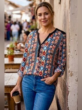 Zac & Rachel Multi-Color Geometric V-Neck Blouse, XL, P2P:23”, EUC